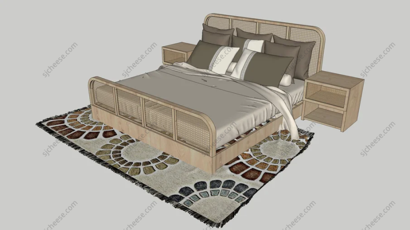 日式温馨风格实木双人床SU草图大师模型sketchup
