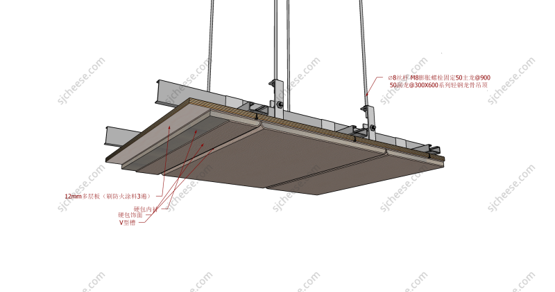 轻钢龙骨硬包饰面V型槽SU草图大师sketchup模型大样剖面详图施工图做法工艺及对应CAD节点