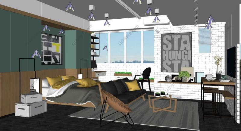 工业风运动风格loft卧室SU草图大师sketchup模型