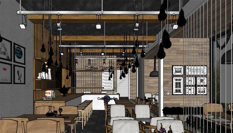 工业风粗犷风loft咖啡馆室内设计装修SU草图大师sketchup模型