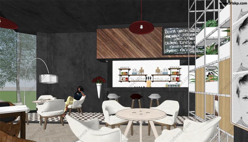 北欧风咖啡厅餐厅SU草图大师模型