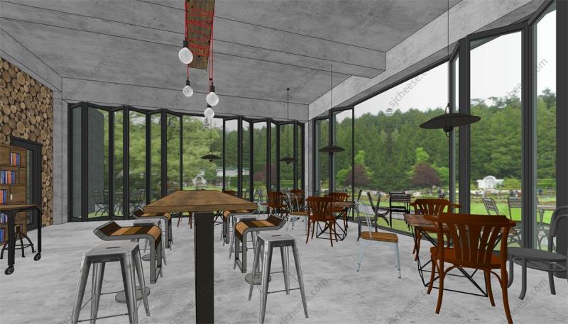 LOFT咖啡厅简餐餐厅SU草图大师模型