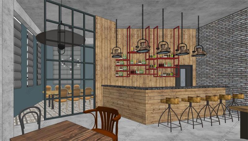 LOFT咖啡厅简餐餐厅SU草图大师模型
