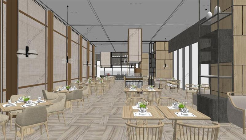 新中式主题餐厅自助餐厅SU草图大师模型
