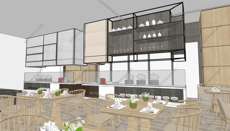 新中式主题餐厅自助餐厅SU草图大师模型