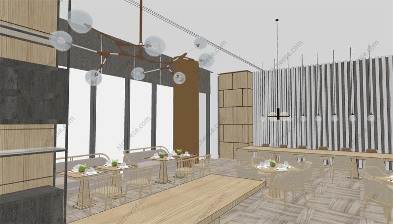 新中式主题餐厅自助餐厅SU草图大师模型