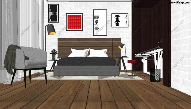 原色现代简约风卧室SU草图大师sketchup模型