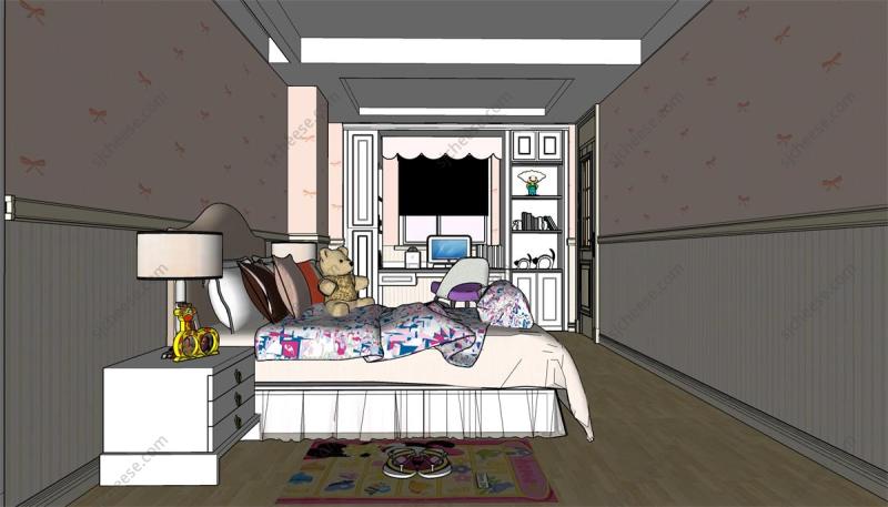 可爱儿童房卧室独立卫生间SU草图大师sketchup模型