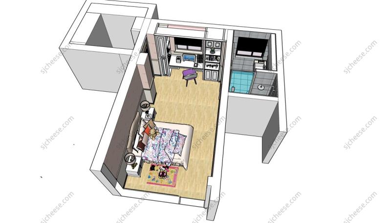 可爱儿童房卧室独立卫生间SU草图大师sketchup模型
