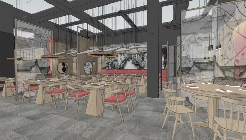 中式特色餐厅粤菜馆饭店SU草图大师sketchup模型