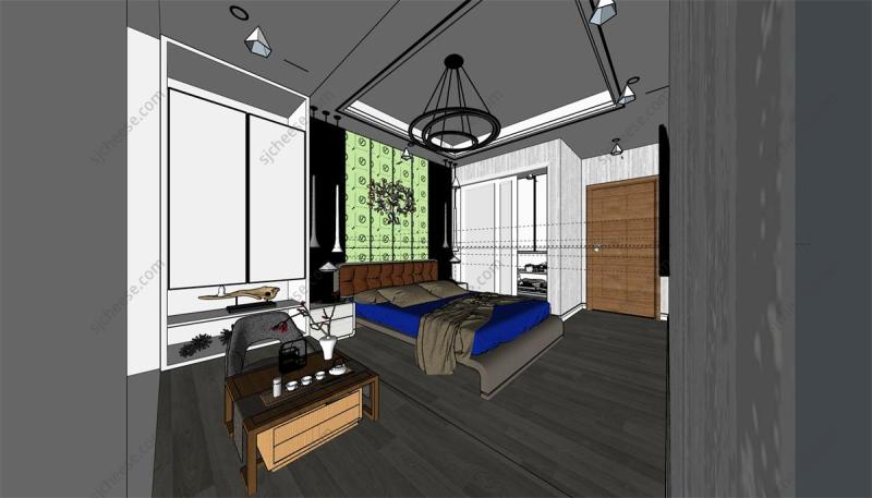 现代风简约暗色卧室SU草图大师sketchup模型