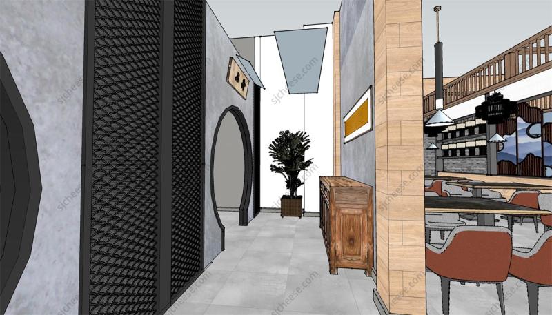 新中式江南风格餐厅饭店SU草图大师sketchup模型