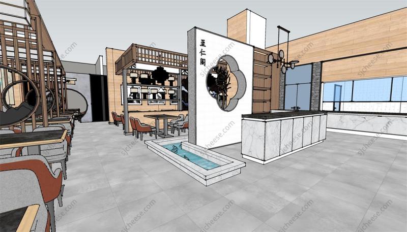新中式江南风格餐厅饭店SU草图大师sketchup模型