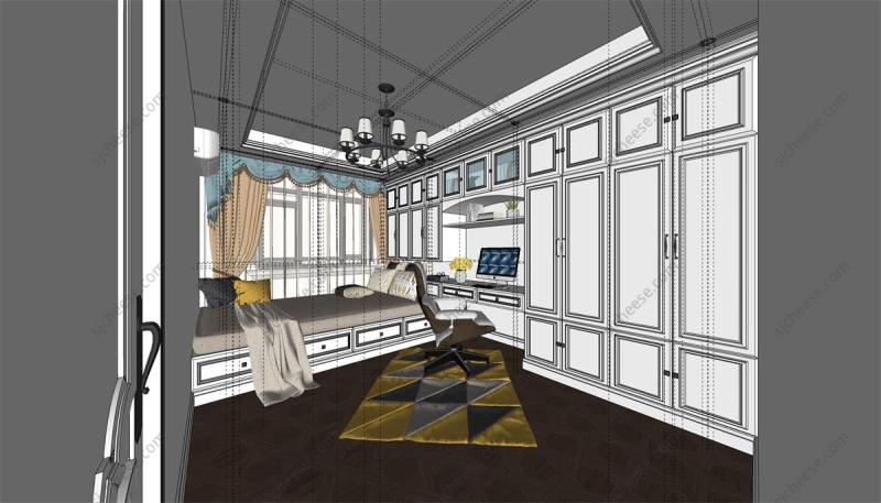 简约北欧现代风单人卧室SU草图大师sketchup模型
