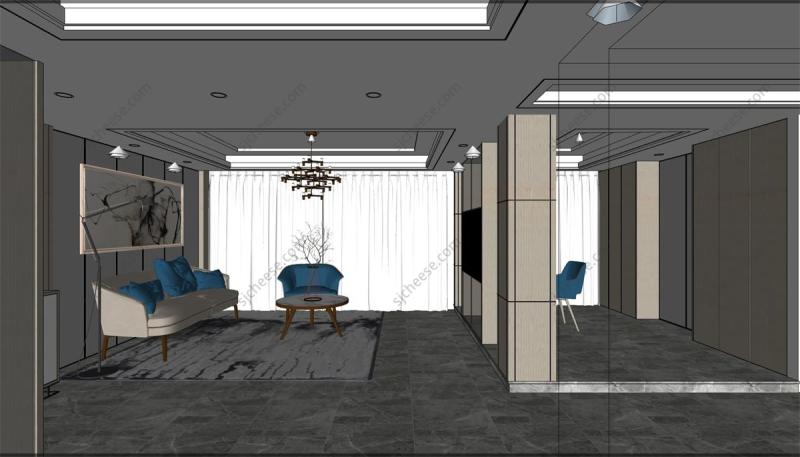 欧式现代简约风格客餐厅SU草图大师sketchup模型