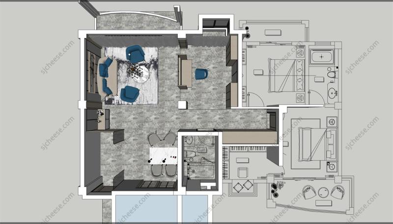 欧式现代简约风格客餐厅SU草图大师sketchup模型