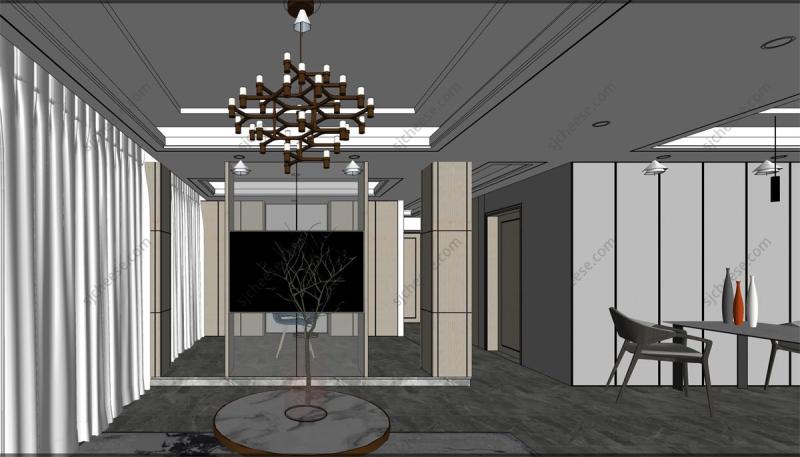 欧式现代简约风格客餐厅SU草图大师sketchup模型