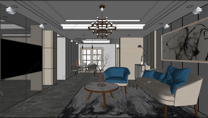 欧式现代简约风格客餐厅SU草图大师sketchup模型