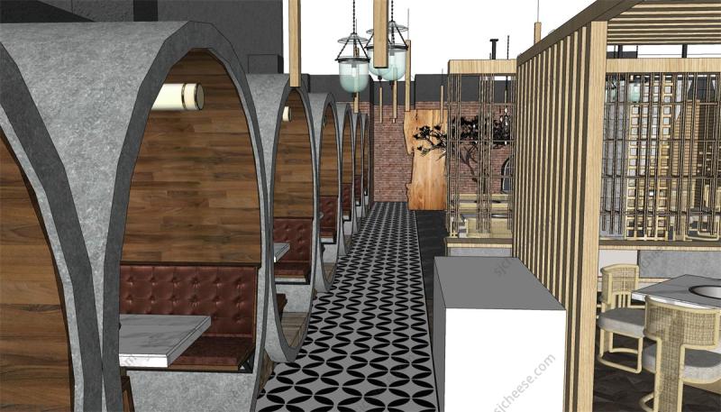 现代中式风格火锅店烤肉店SU草图大师sketchup模型