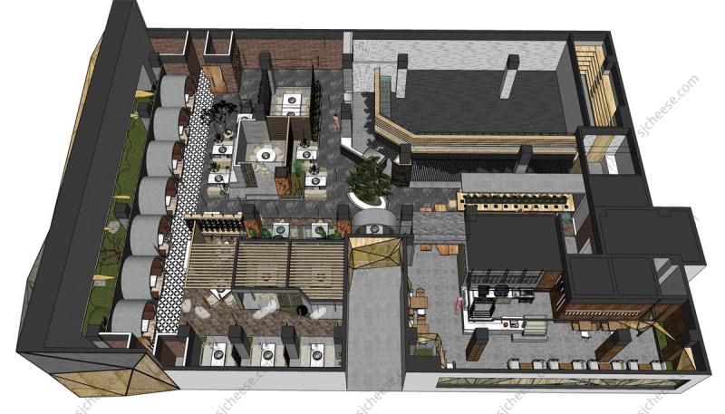 现代中式风格火锅店烤肉店SU草图大师sketchup模型