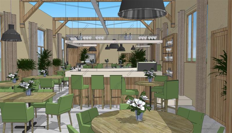 小清新简雅风格简餐咖啡厅SU草图大师sketchup模型