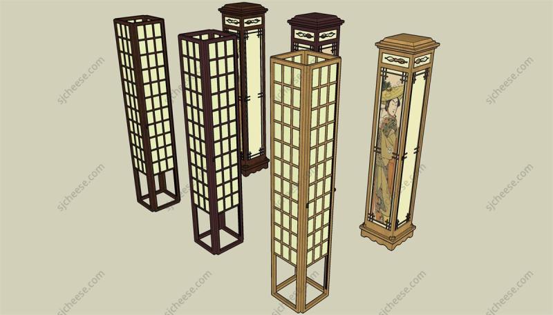 庭院日式立式木质人物图画纱罩灯柱装饰SU草图大师sketchup模型