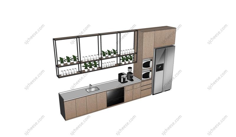 办公室茶水间餐饮店茶水柜微波炉冰箱咖啡机洗手台组合SU草图大师sketchup模型