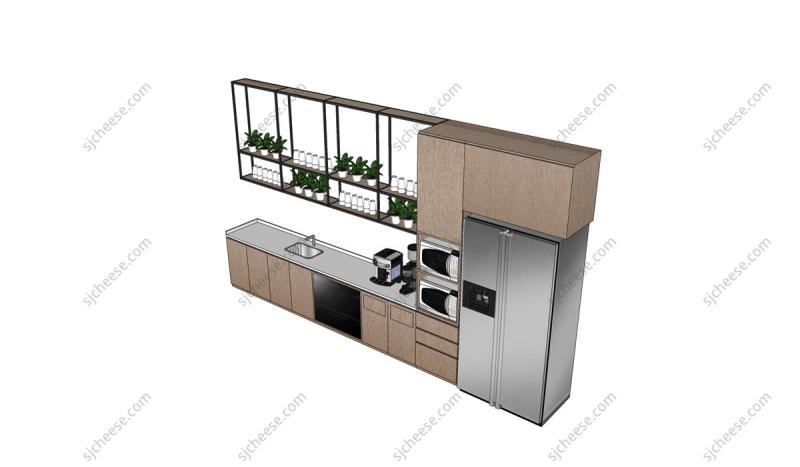 办公室茶水间餐饮店茶水柜微波炉冰箱咖啡机洗手台组合SU草图大师sketchup模型