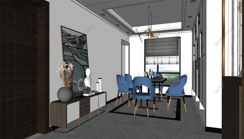 文艺简约风格横厅客餐厅SU草图大师sketchup模型