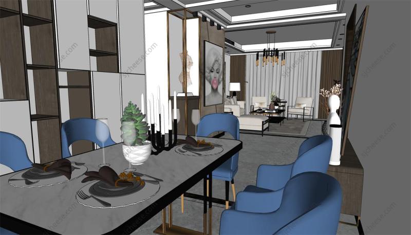 文艺简约风格横厅客餐厅SU草图大师sketchup模型