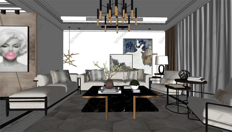 文艺简约风格横厅客餐厅SU草图大师sketchup模型