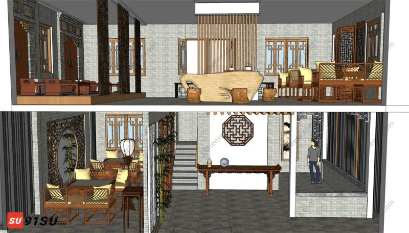 传统中式双层茶馆茶餐厅SU草图大师sketchup模型