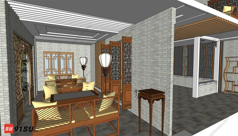 传统中式双层茶馆茶餐厅SU草图大师sketchup模型