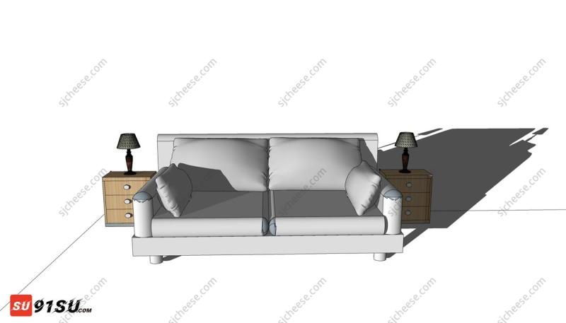 简约风格双人真皮沙发收纳柜台灯SU草图大师sketchup模型