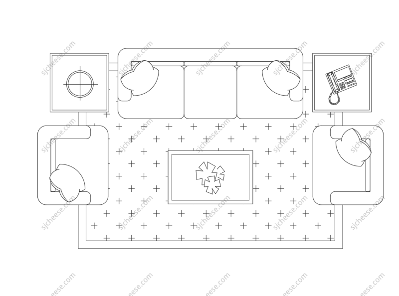 客厅包围式五人组合沙发地毯茶几CAD图块