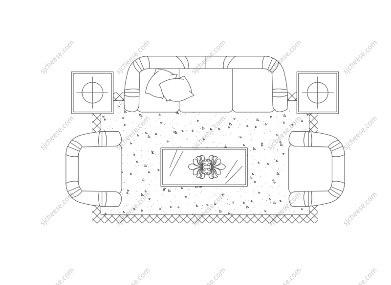 客厅包围式5人沙发地毯茶几柜子平面CAD图块