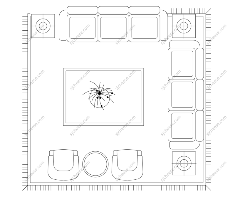 会客厅半包围式方形多人沙发茶几地毯组合平面CAD图块