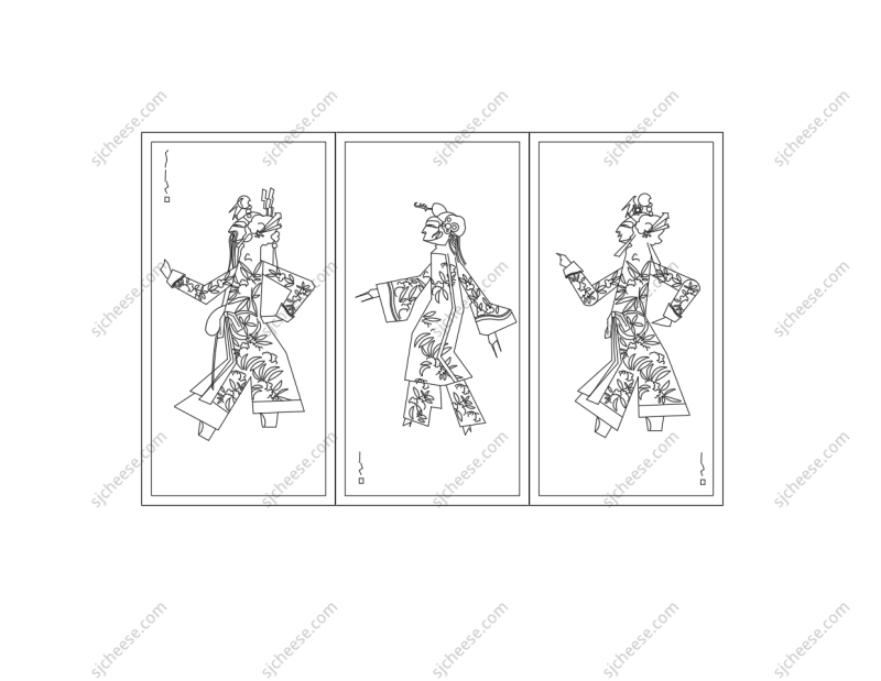 三幅联排剪纸画装饰画CAD图块