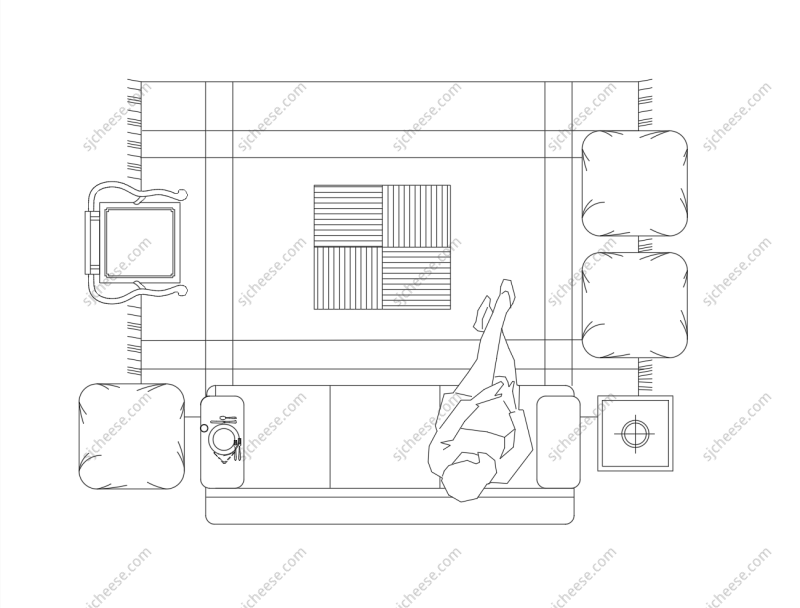 半包围式多人会客沙发茶几柜子地毯平面CAD图块