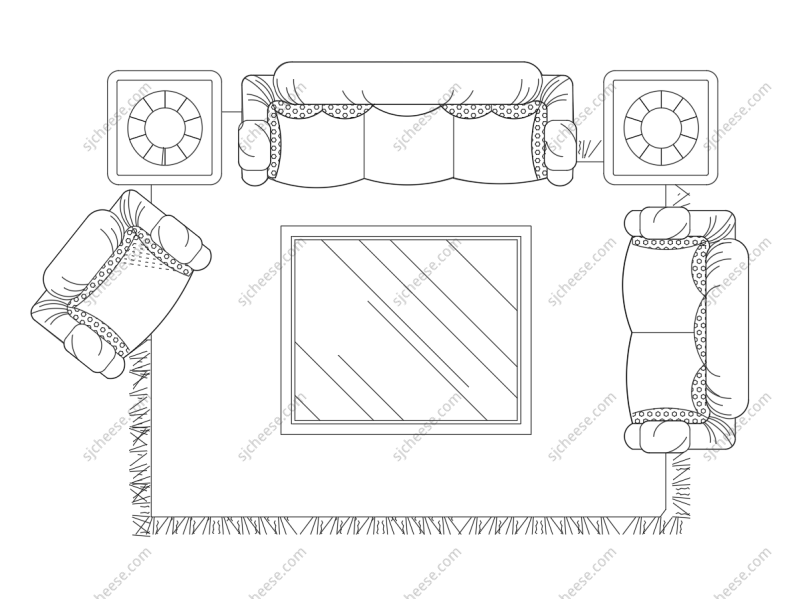 多人半包围式客厅沙发茶几地毯平面CAD图块