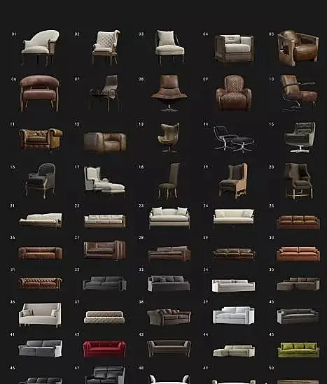 高精度室内沙发单体素材模型集合带材质贴图！886M