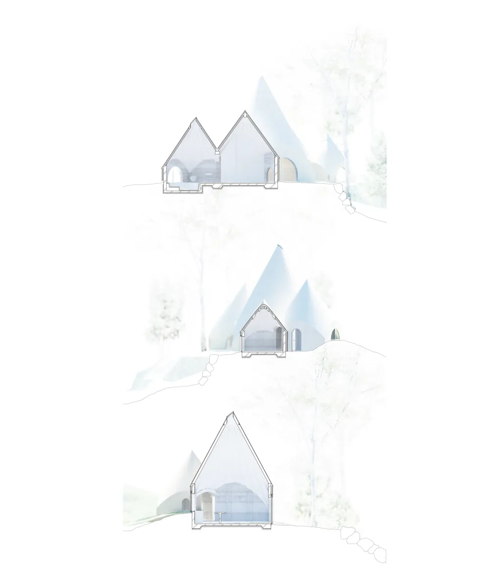 Teepee-shaped buildings by Issei Suma house community kitchen and pool