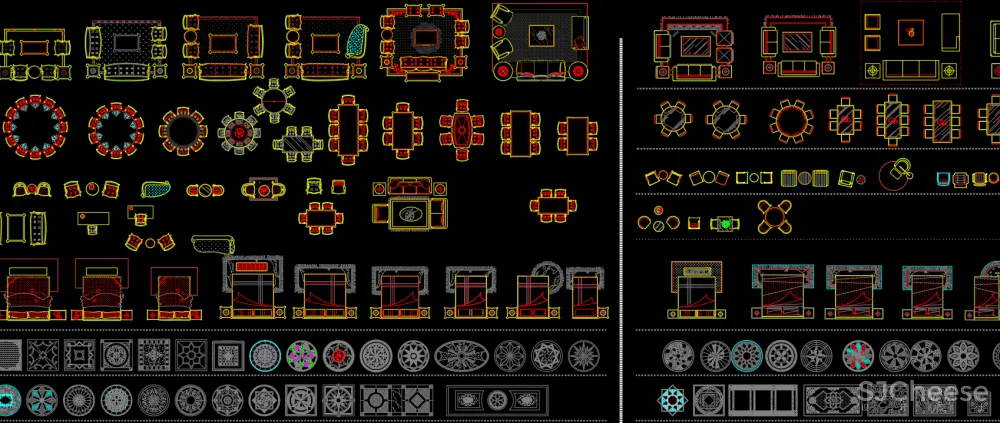 CAD中式平立面图库丨座+椅+桌+几+柜+拼花丨207M