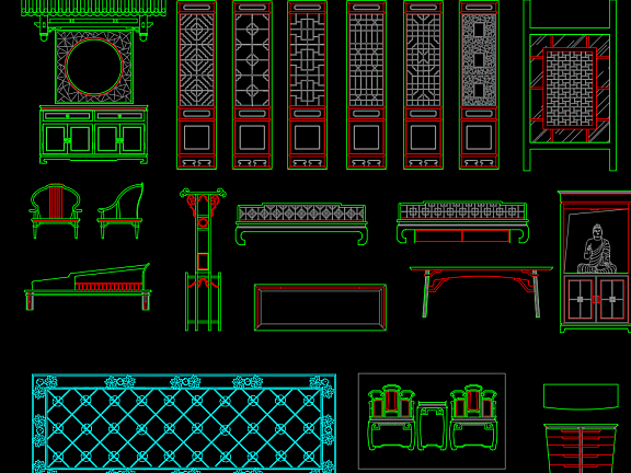CAD中式平立面图库丨座+椅+桌+几+柜+拼花丨207M