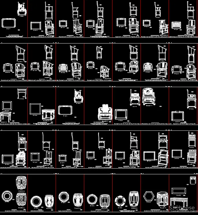 CAD中式平立面图库丨座+椅+桌+几+柜+拼花丨207M