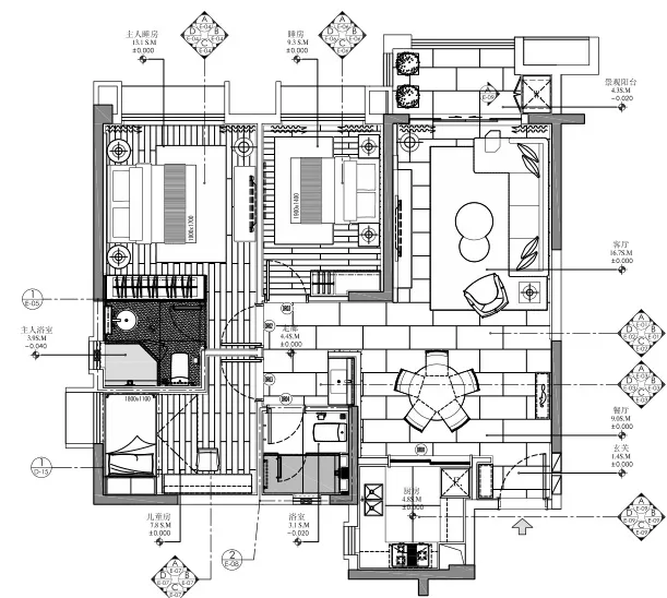 梁志天－中山100㎡轻奢样板间丨CAD施工图+效果图+物料表丨156M