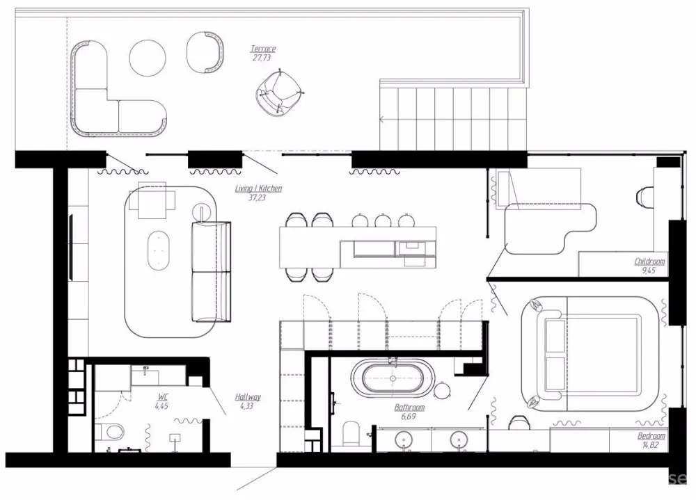 76㎡ 两室两卫丨开放式的设计