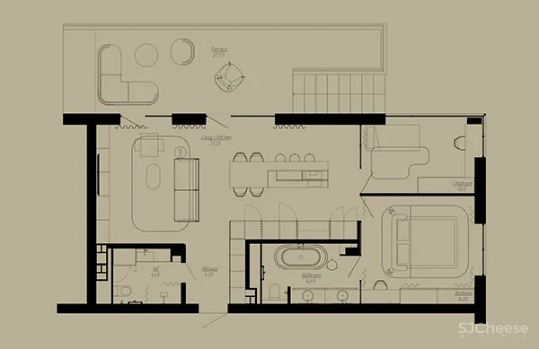 76㎡ 两室两卫丨开放式的设计