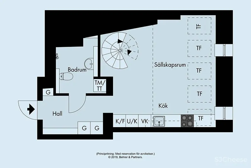 蓝色沙发和螺旋楼梯：斯德哥尔摩61㎡双层公寓