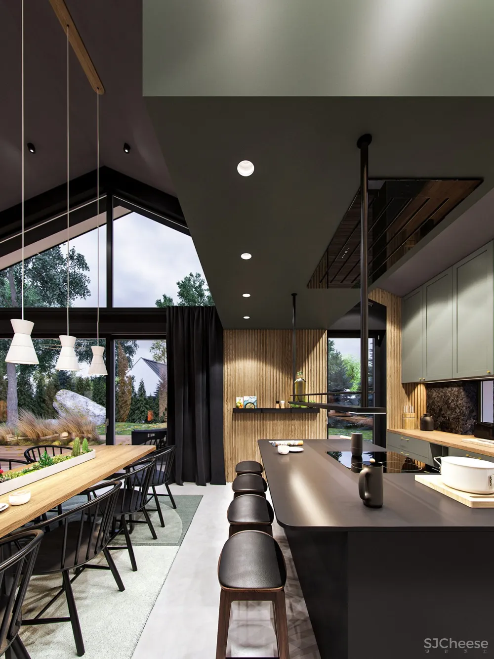 深绿色与木纹板条墙壁，时尚和温馨的星空豪宅 ZARYSY